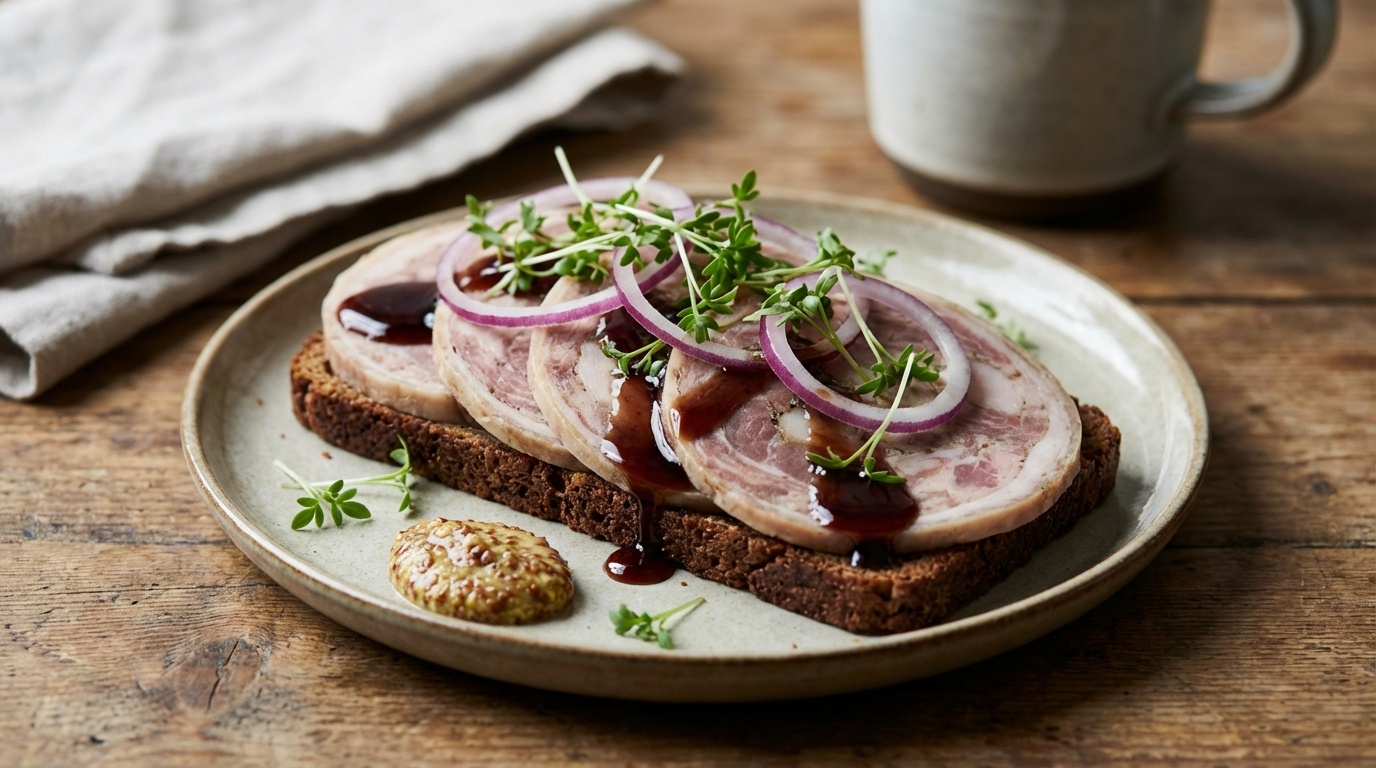 Smørrebrød with Rullepølse, Port Wine Jelly and Mustard