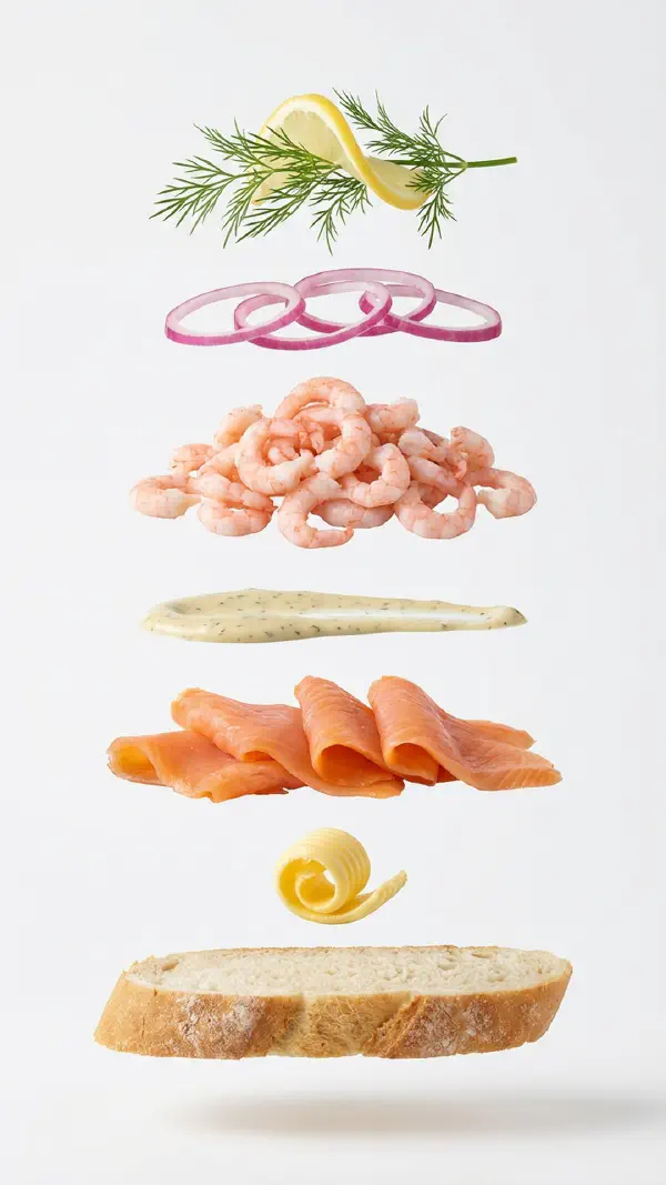 Salmon and prawns with dill-mustard cream assembly © kvalifood.com