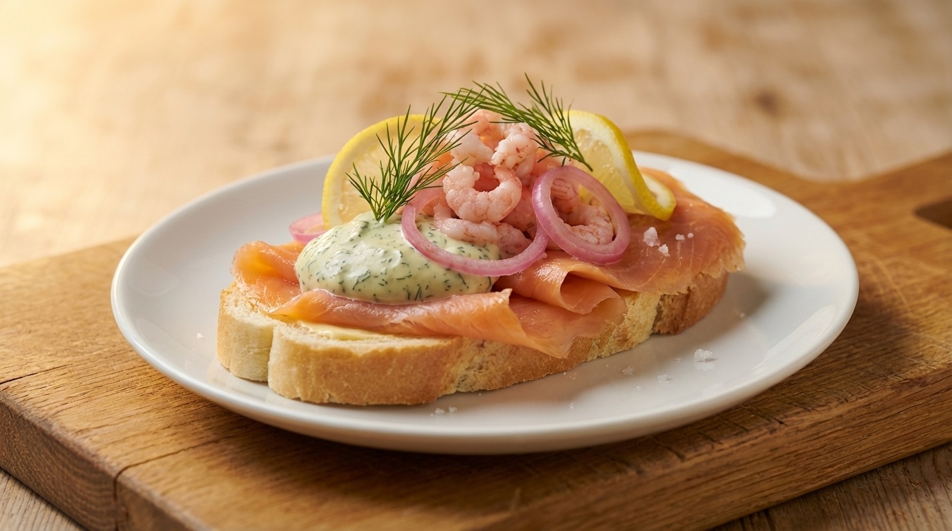 Smørrebrød with Salmon and Prawns, Dill-Mustard Cream