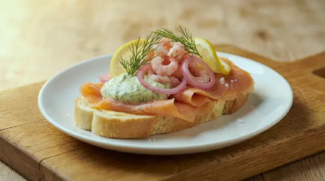 Smørrebrød with Salmon and Prawns, Dill-Mustard Cream