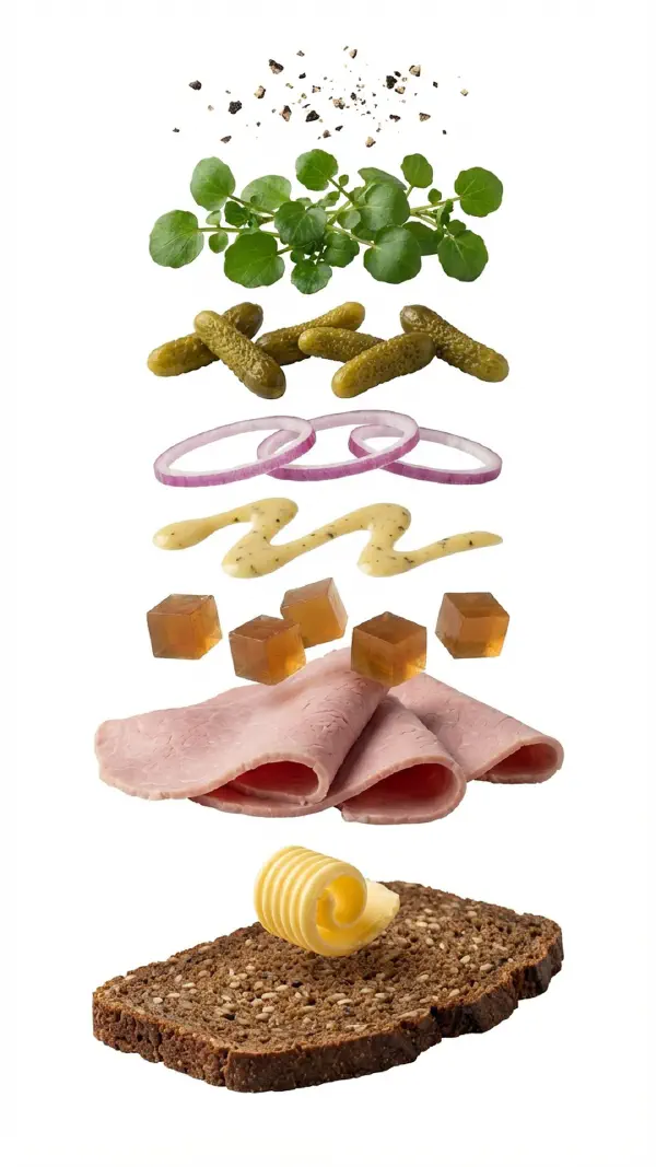 Salt beef with meat jelly and mustard vinaigrette assembly © kvalifood.com