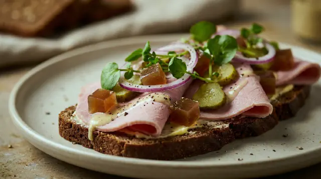 Smørrebrød with Salt Beef, Meat Jelly and Mustard Vinaigrette