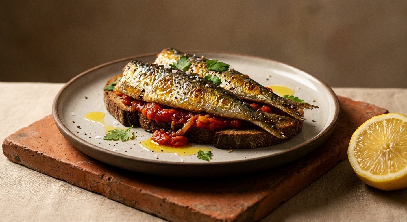 Smørrebrød with Sardines, Tomato-Fennel Compote and Lemon Oil