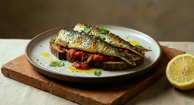Smørrebrød with Sardines, Tomato-Fennel Compote and Lemon Oil