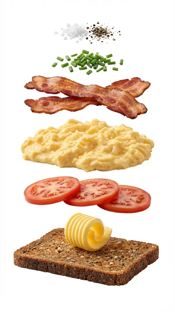 Scrambled eggs with chives and crispy bacon assembly © kvalifood.com