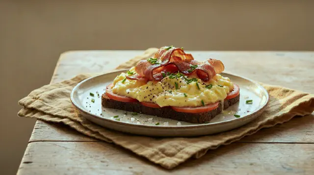 Smørrebrød with Scrambled Eggs, Chives and Crispy Bacon