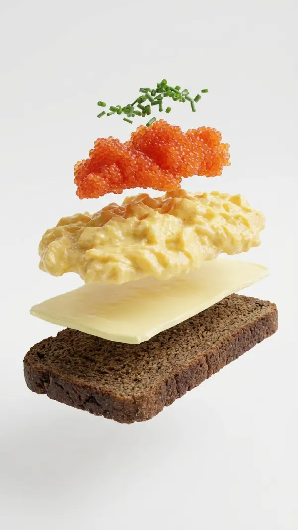 Scrambled eggs with lumpfish roe and chives assembly © kvalifood.com