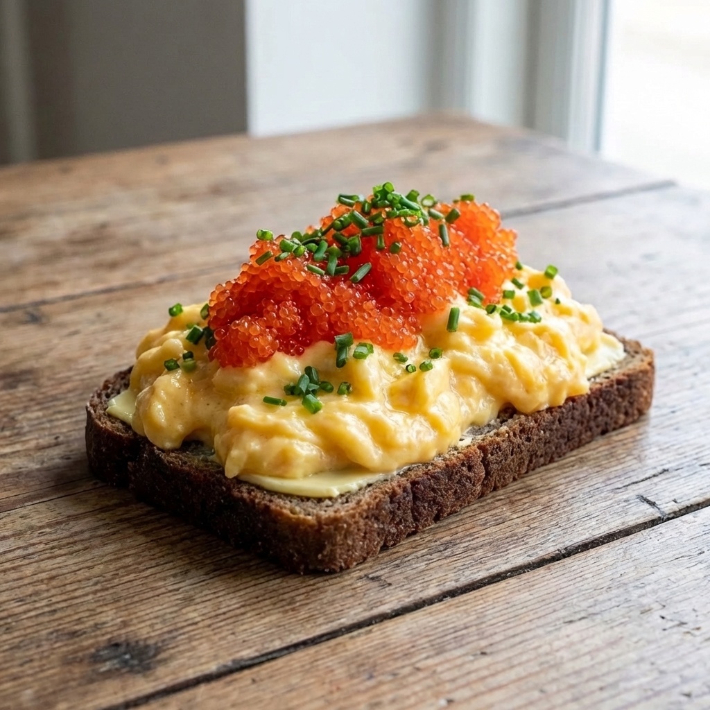 Smørrebrød with Scrambled Eggs, Lumpfish Roe and Chives
