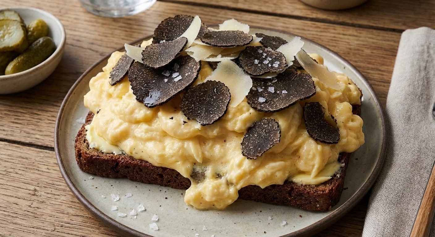 Smørrebrød with Scrambled Eggs, Truffle and Parmesan