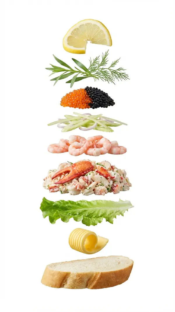 Seafood salad with lobster, prawns and tarragon assembly © kvalifood.com