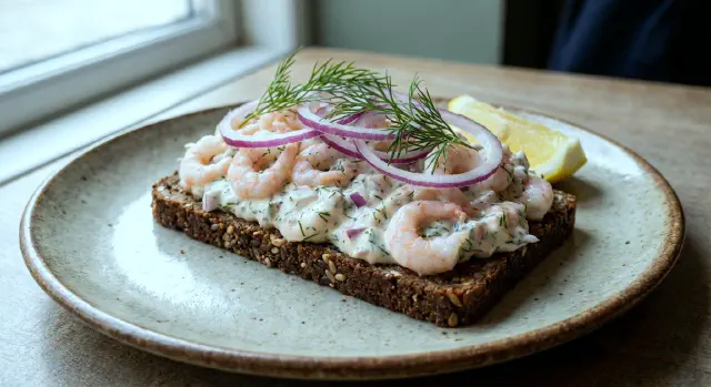 Smørrebrød with Skagen Salad, Prawns and Dill