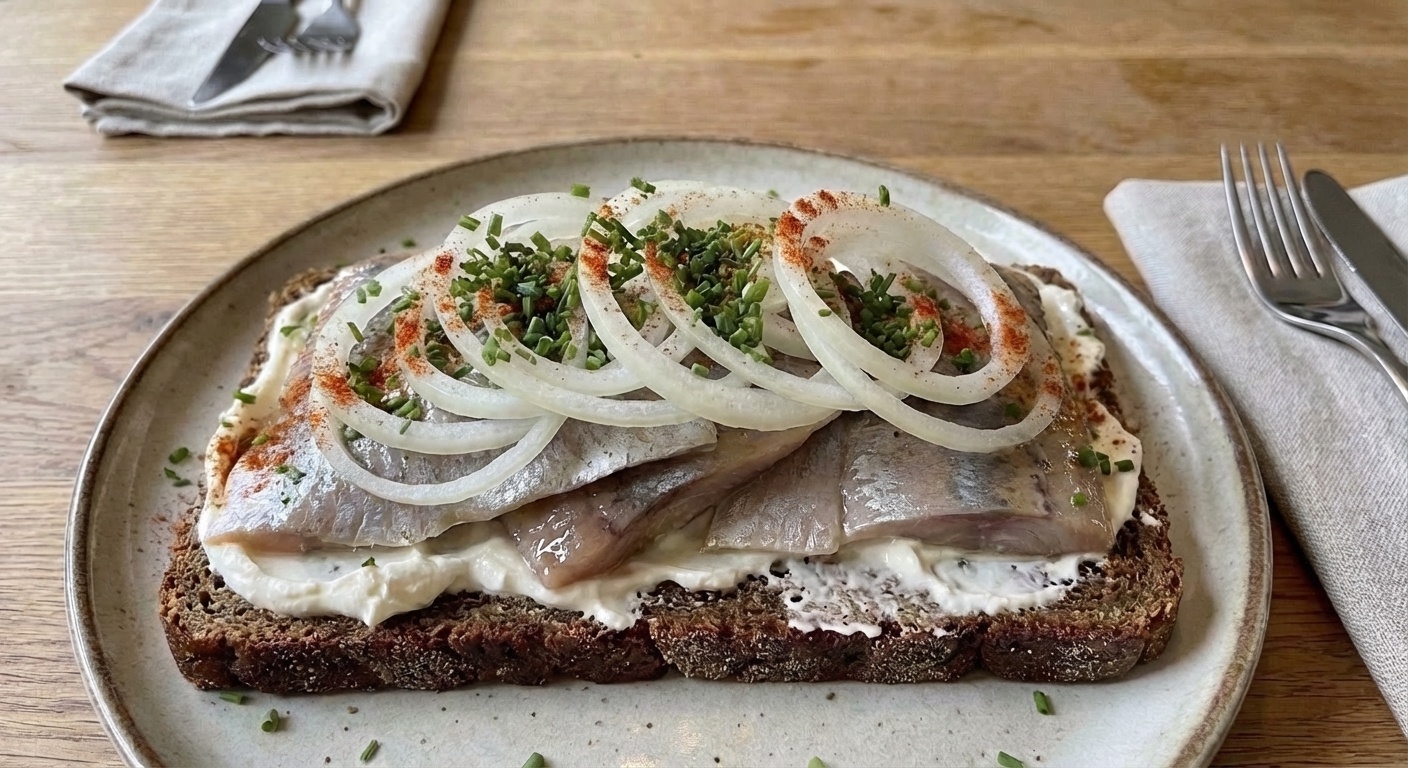 Smørrebrød with Skipper's Herring, Cream Cheese and Onion