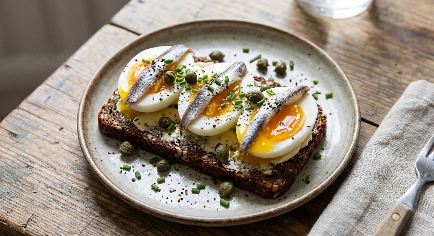 Smørrebrød with Smiling Eggs, Anchovies and Capers