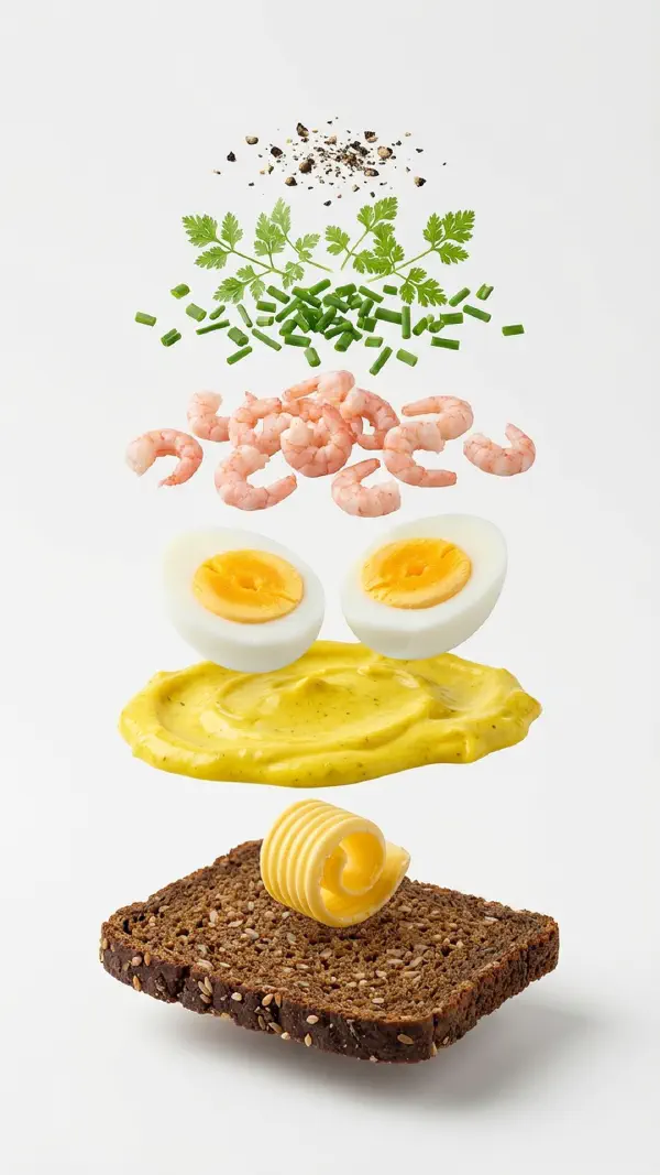 Smiling eggs with curry mayo and prawns assembly © kvalifood.com