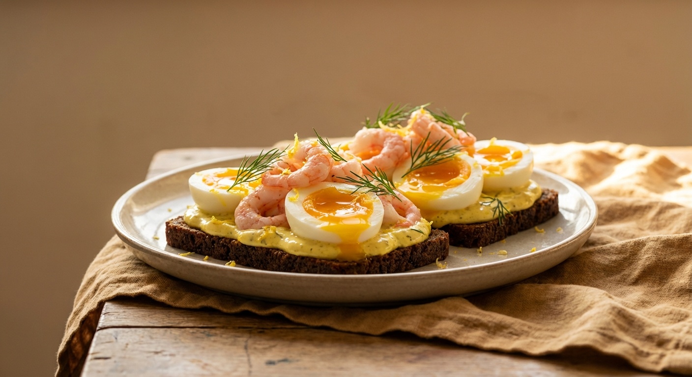 Smørrebrød with Smiling Eggs, Curry Mayo and Prawns