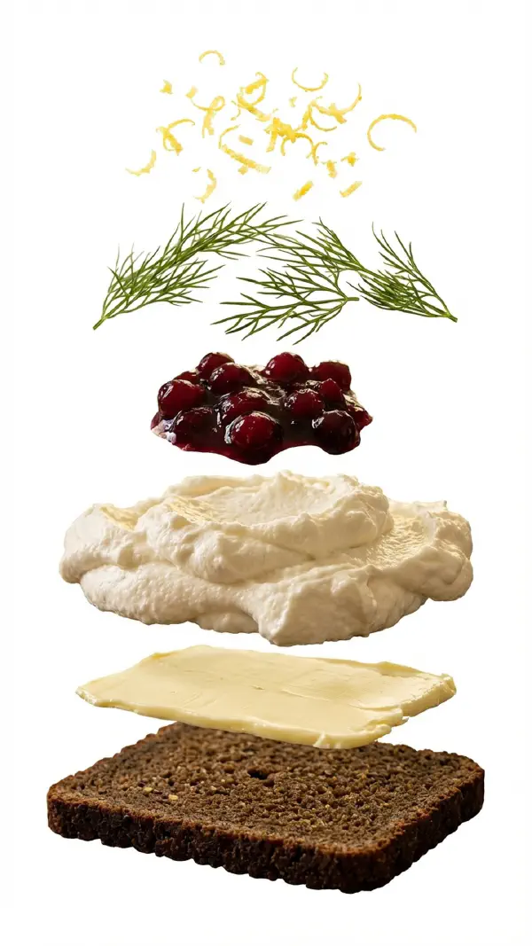 Smoked cheese with lingonberry compote and dill assembly © kvalifood.com