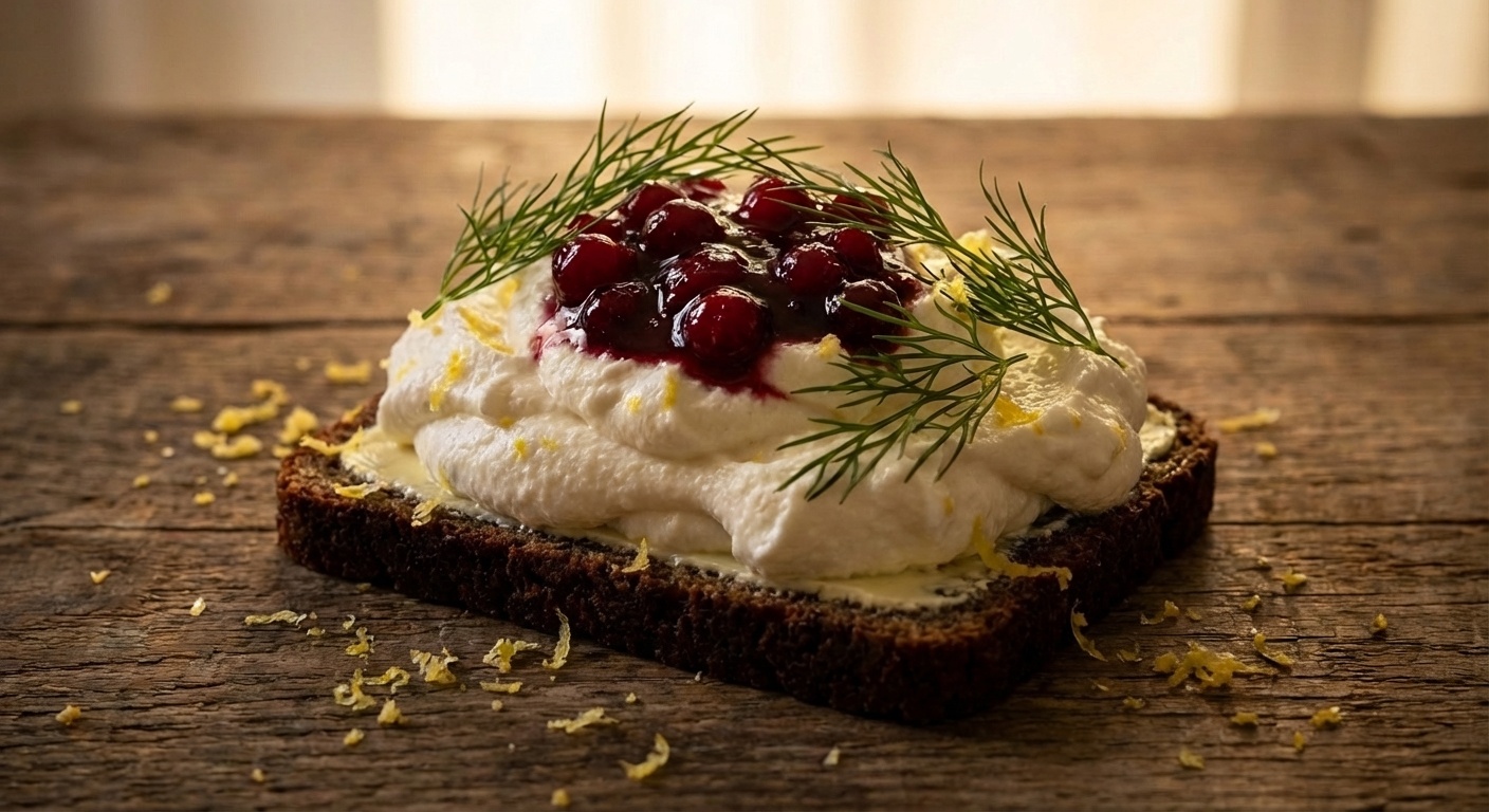 Smørrebrød with Smoked Cheese, Lingonberry Compote and Dill