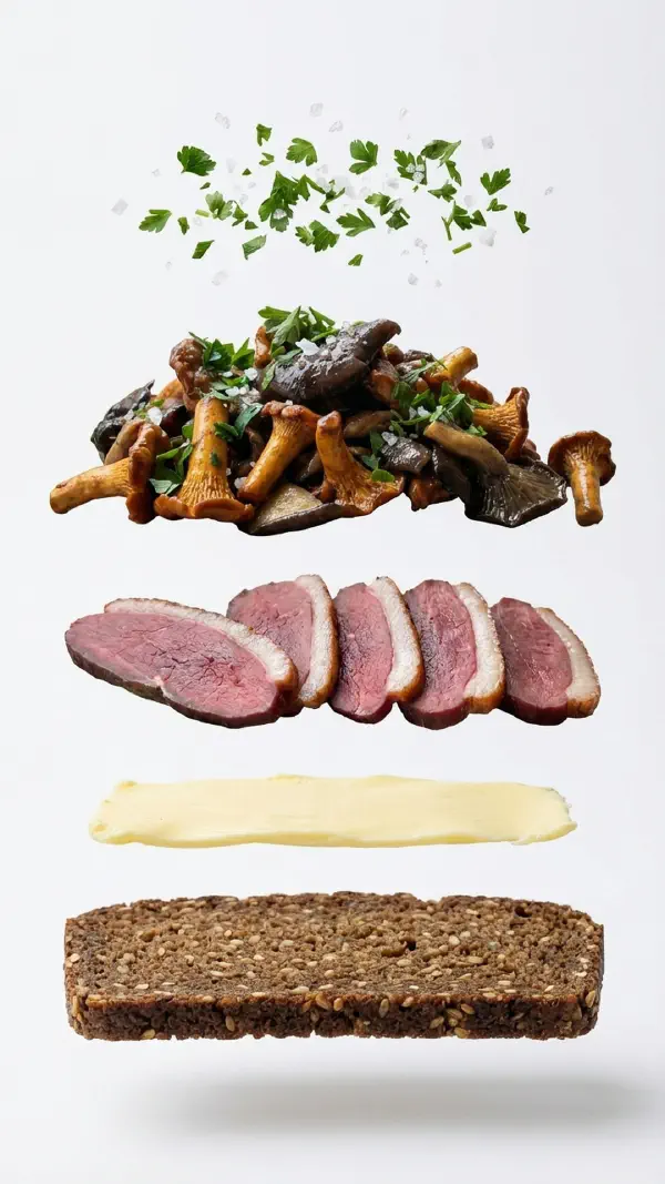 Smoked duck breast with mushrooms and parsley assembly © kvalifood.com