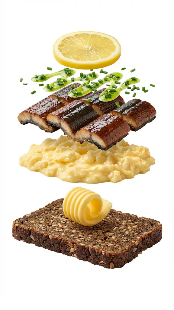 Smoked eel with scrambled eggs and chive oil assembly © kvalifood.com