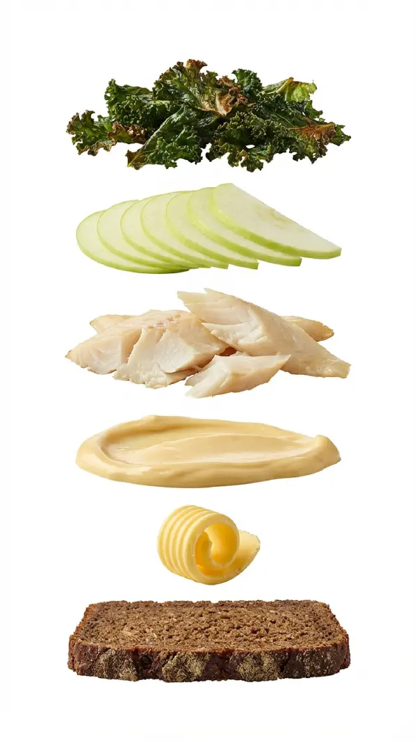 Smoked halibut with kale and honey cream assembly © kvalifood.com