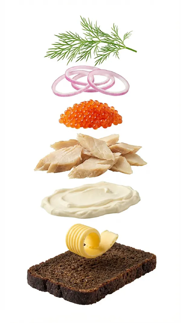 Smoked halibut with lumpfish roe and crème fraîche assembly © kvalifood.com