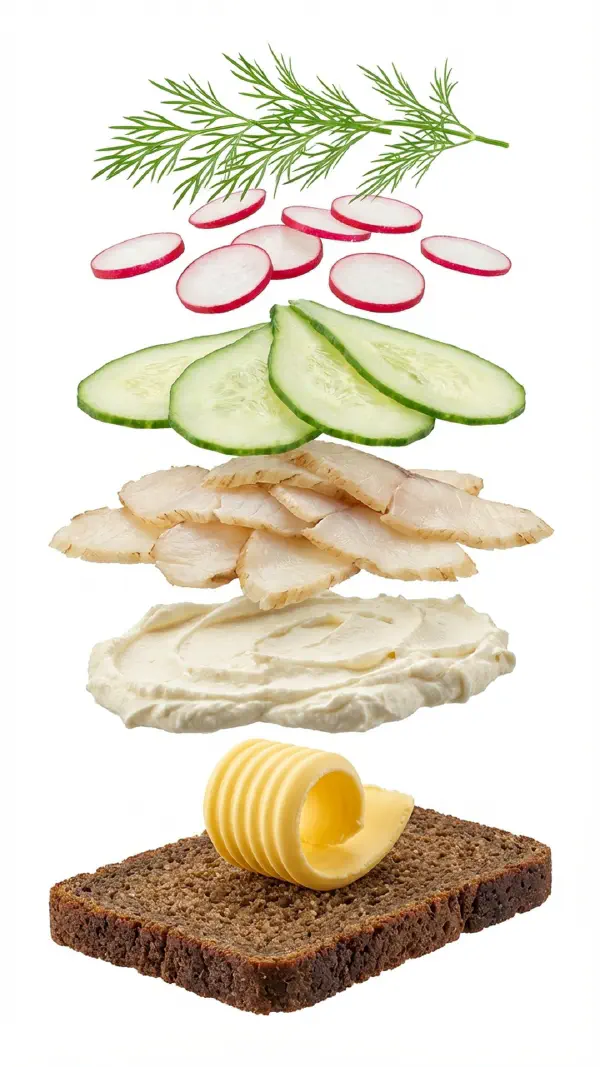 Smoked halibut with rygeost cream and cucumber assembly © kvalifood.com