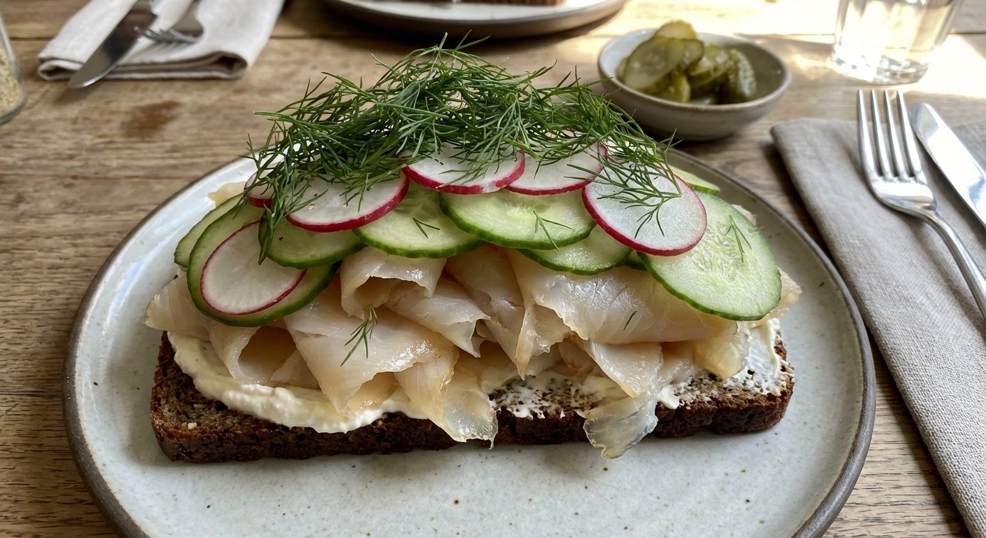 Smoked halibut with rygeost cream and cucumber