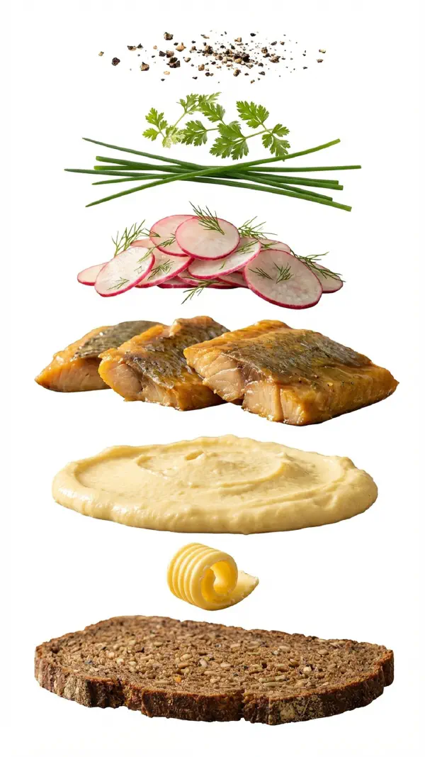 Smoked herring with egg mousse and radish salad assembly © kvalifood.com
