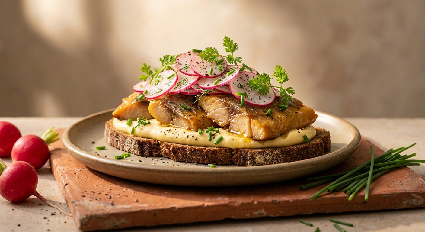 Smørrebrød with Smoked Herring, Egg Mousse and Radish Salad