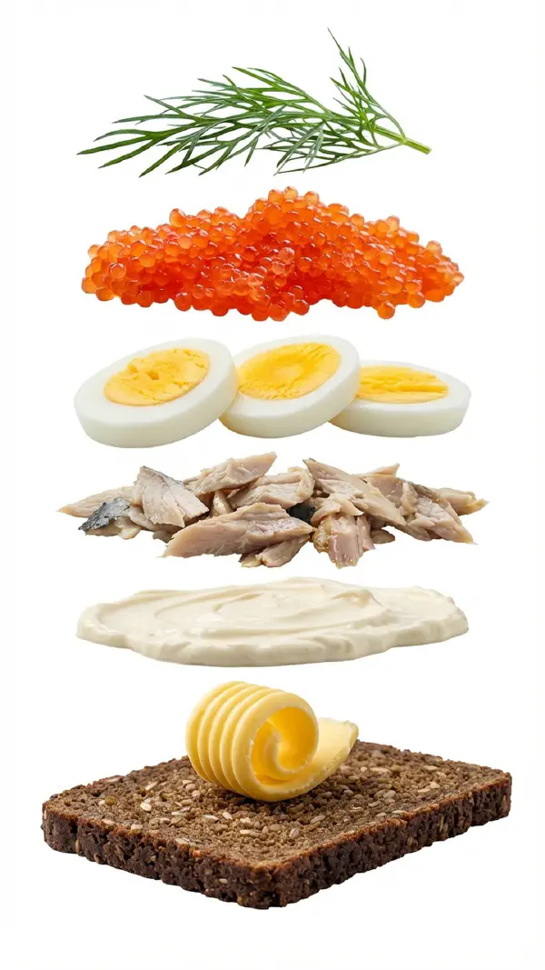 Smoked mackerel with egg and lumpfish roe assembly © kvalifood.com