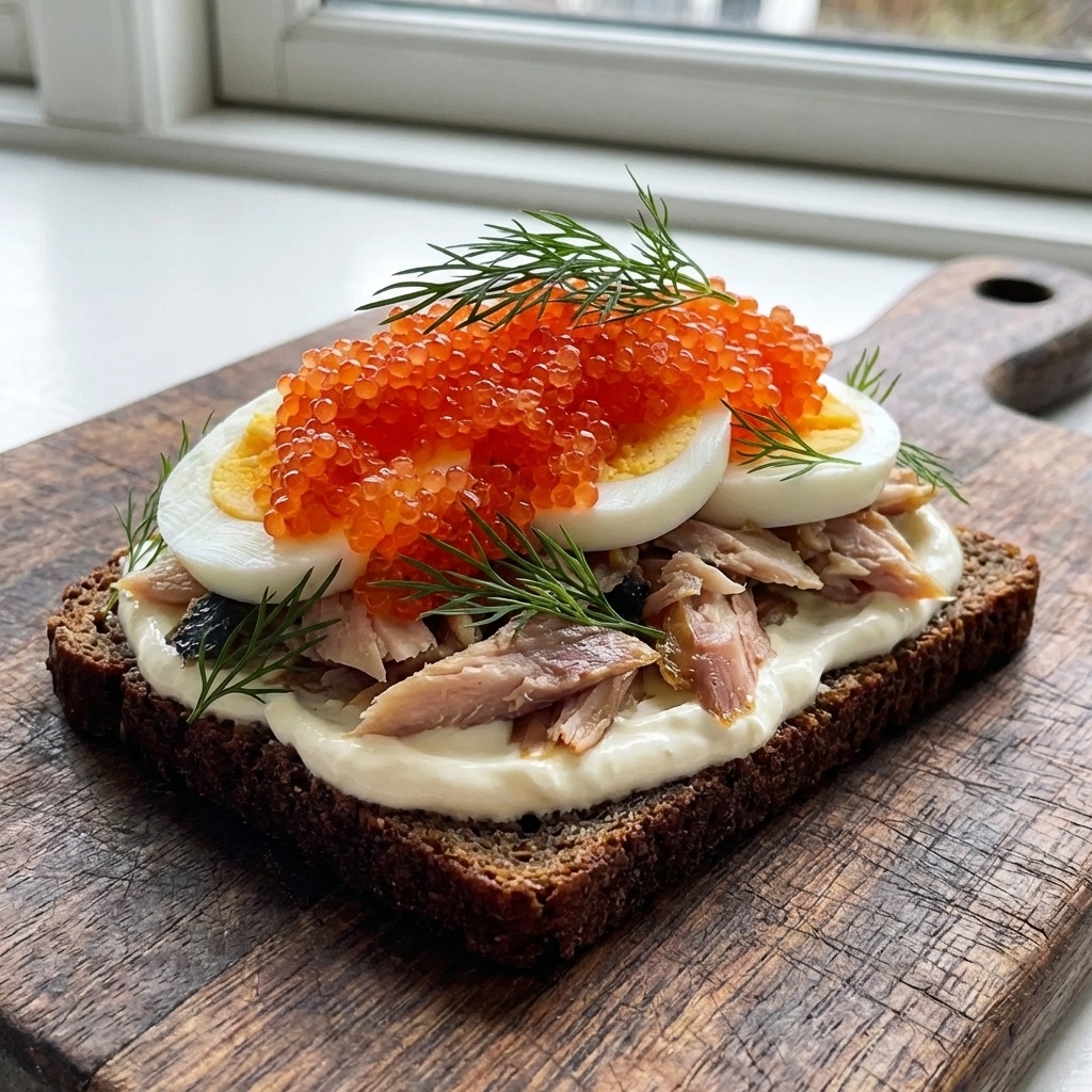 Smørrebrød with Smoked Mackerel, Egg and Lumpfish Roe