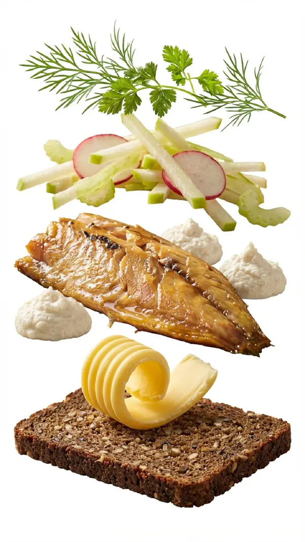 Smoked mackerel with horseradish mousse and apple salad assembly © kvalifood.com