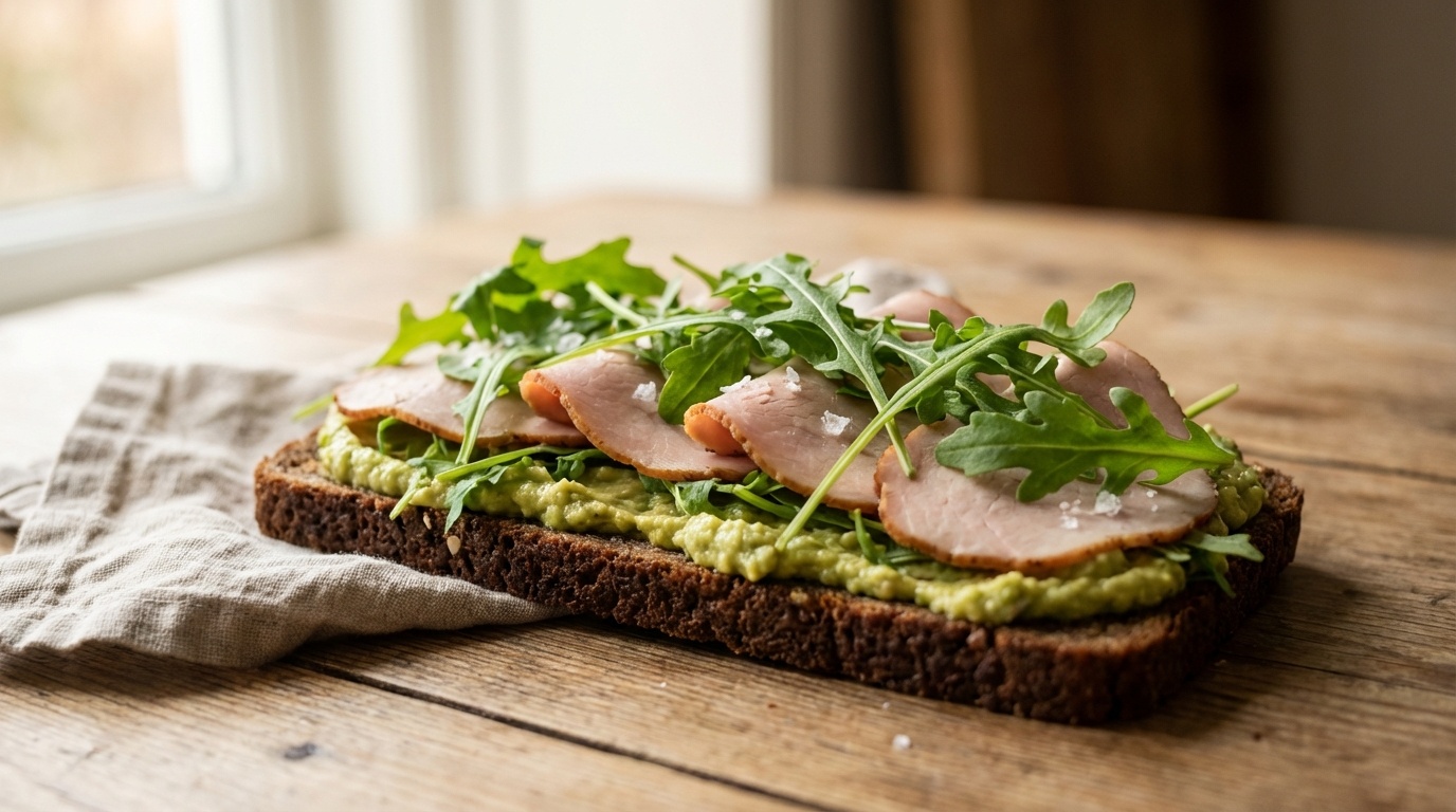 Smørrebrød with Smoked Pork Tenderloin, Avocado and Rocket