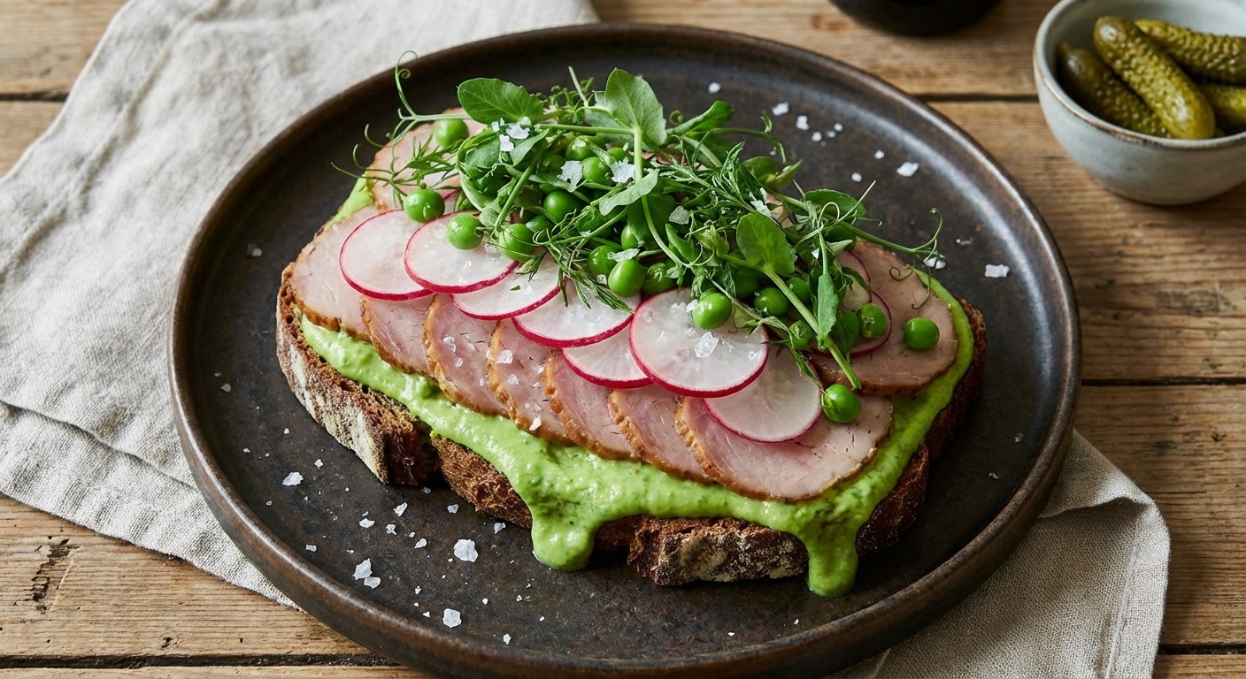 Smørrebrød with Smoked Pork Tenderloin, Pea Mayo and Radishes