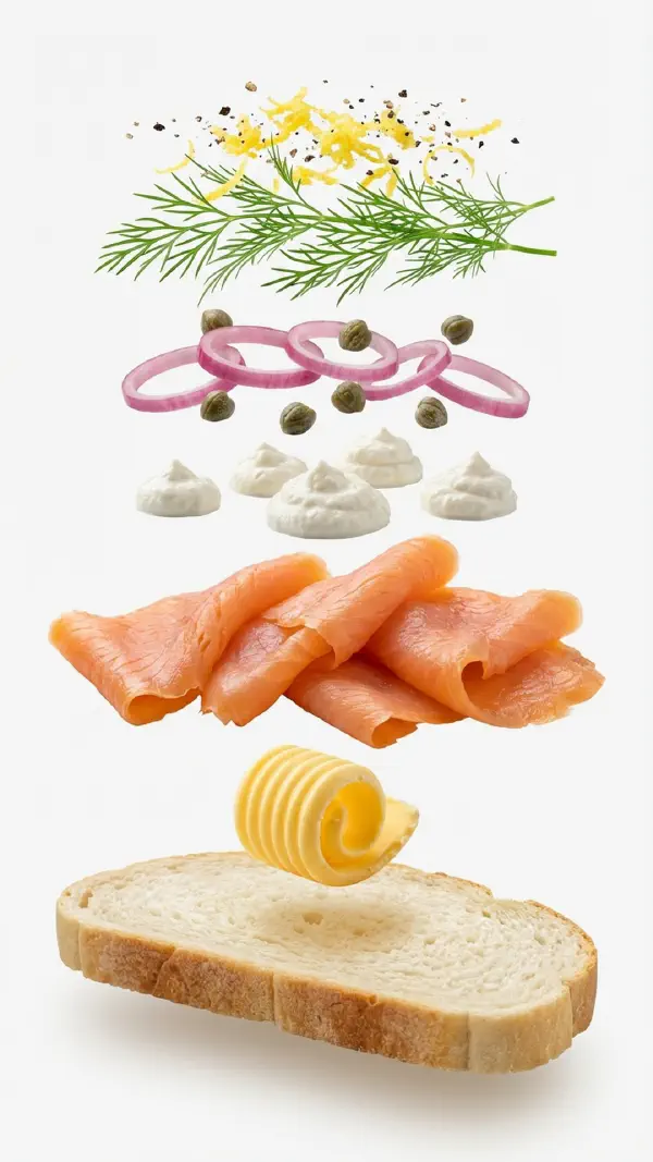 Smoked salmon with horseradish cream and pickled shallots assembly © kvalifood.com