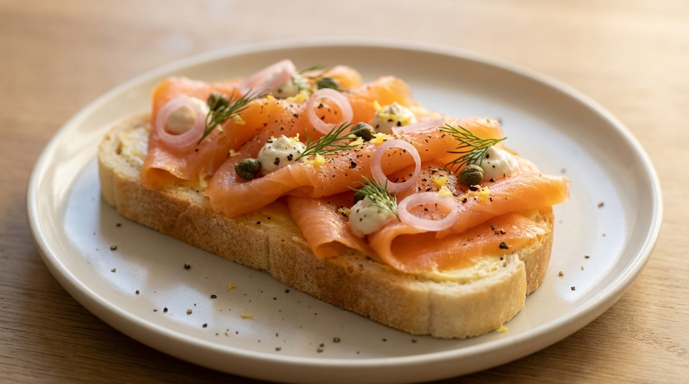 Smørrebrød with Smoked Salmon, Horseradish Cream and Pickled Shallots
