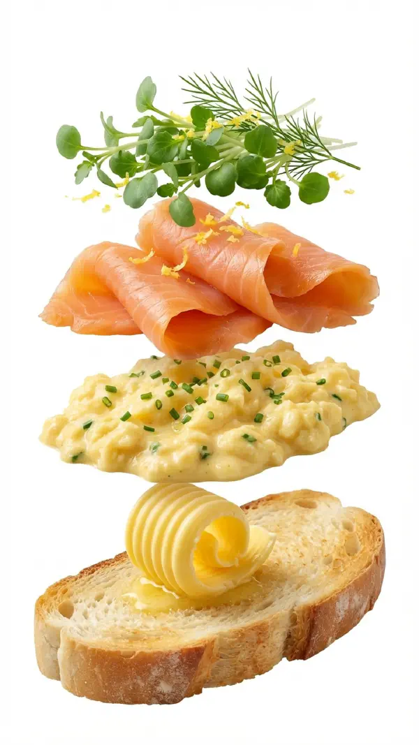 Smoked salmon with scrambled eggs and spring cress assembly © kvalifood.com