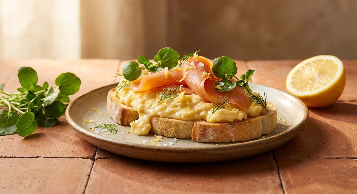 Smørrebrød with smoked salmon, scrambled eggs and spring cress