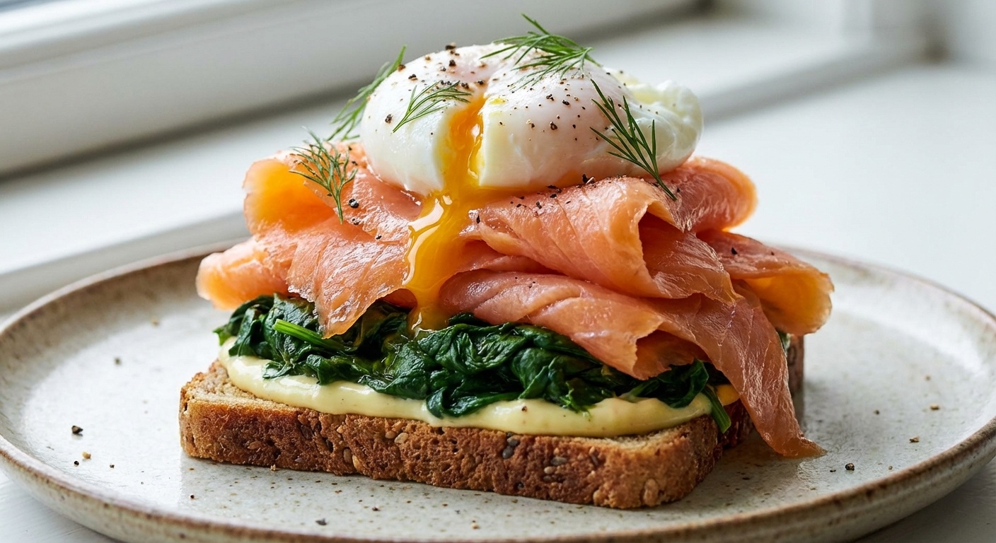 Smørrebrød with Smoked Salmon, Spinach and Poached Egg