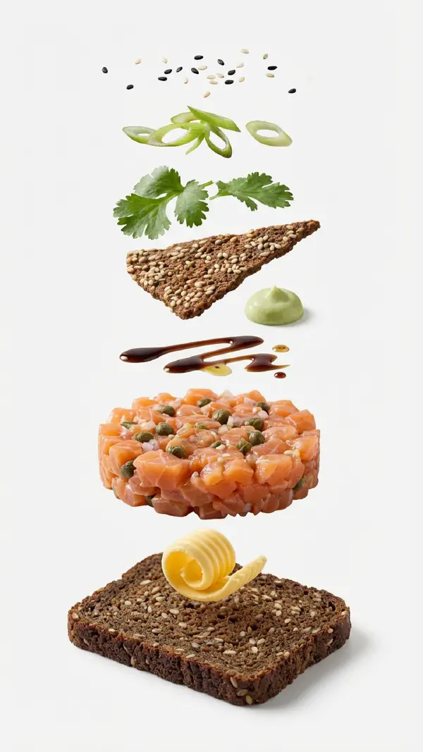 Smoked salmon tartare with soy vinaigrette and sesame crisps assembly © kvalifood.com