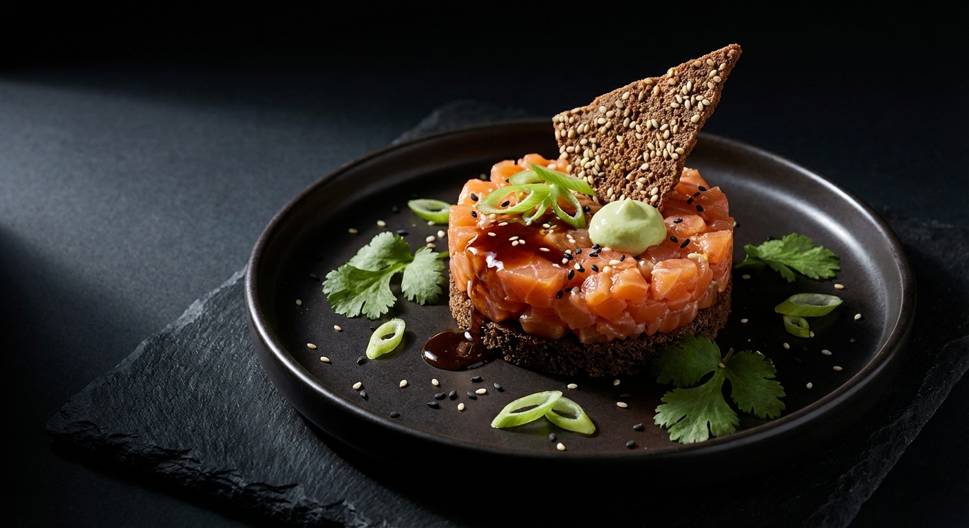 Smørrebrød with Smoked Salmon Tartare, Soy Vinaigrette and Sesame Crisps