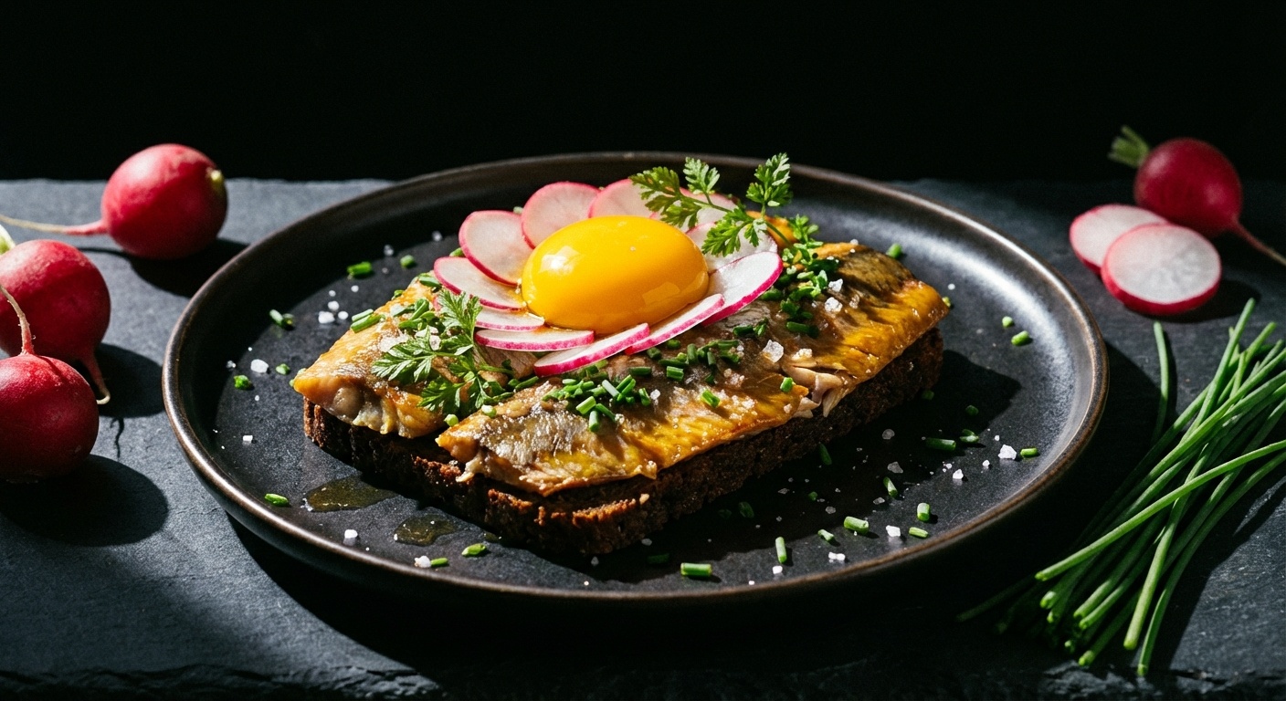 Smørrebrød with Sol over Gudhjem, Smoked Herring and Raw Egg Yolk