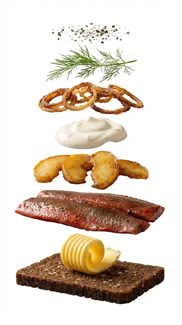 Spiced herring with crispy onion and caramelised apple assembly © kvalifood.com