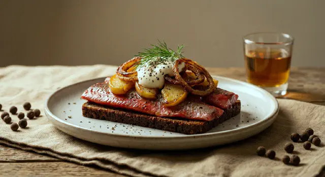 Smørrebrød with Spiced Herring, Crispy Onion and Caramelised Apple
