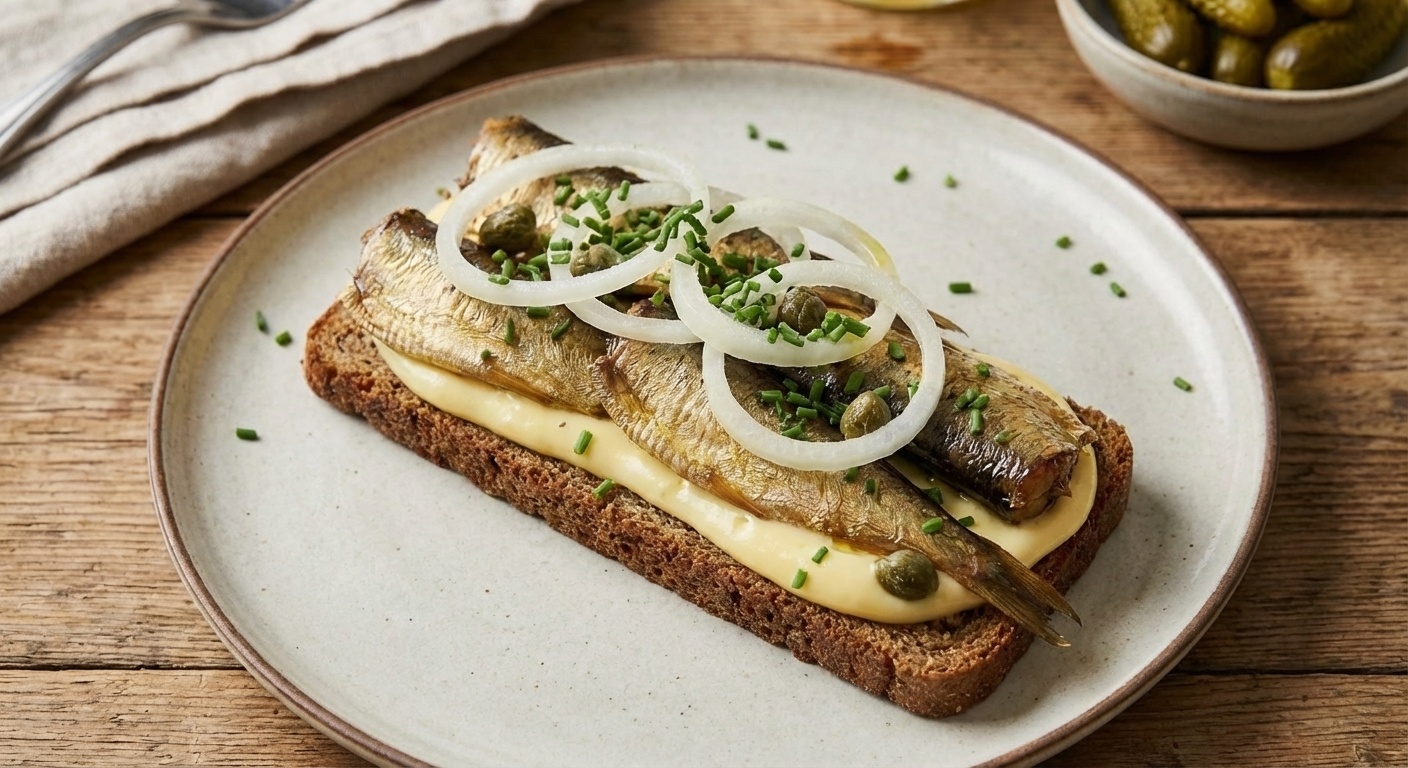 Smørrebrød with Sprats, Onion and Capers