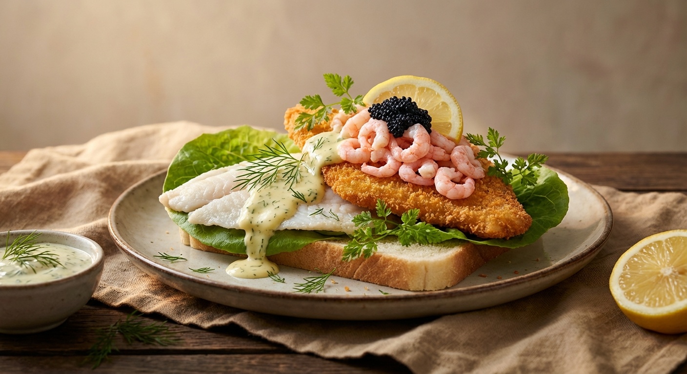 Smørrebrød with Stjerneskud, Steamed and Breaded Plaice