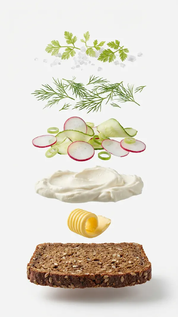 Summer salad with smoked cheese cream and radishes assembly © kvalifood.com