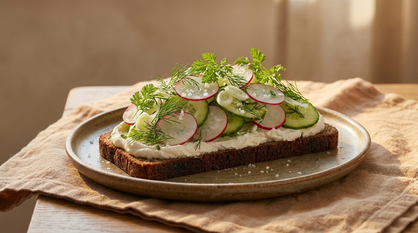 Smørrebrød with Summer Salad, Smoked Cheese Cream and Radishes