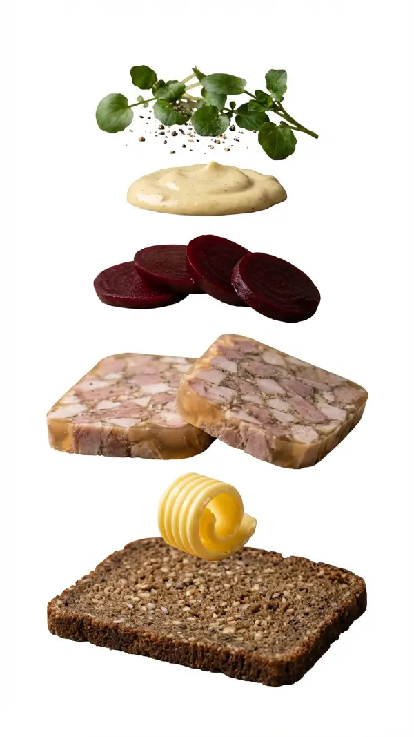 Sylte assembly with mustard cream and pickled beetroot © kvalifood.com