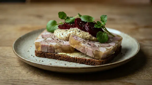 Smørrebrød with Sylte, Mustard Cream and Pickled Beetroot